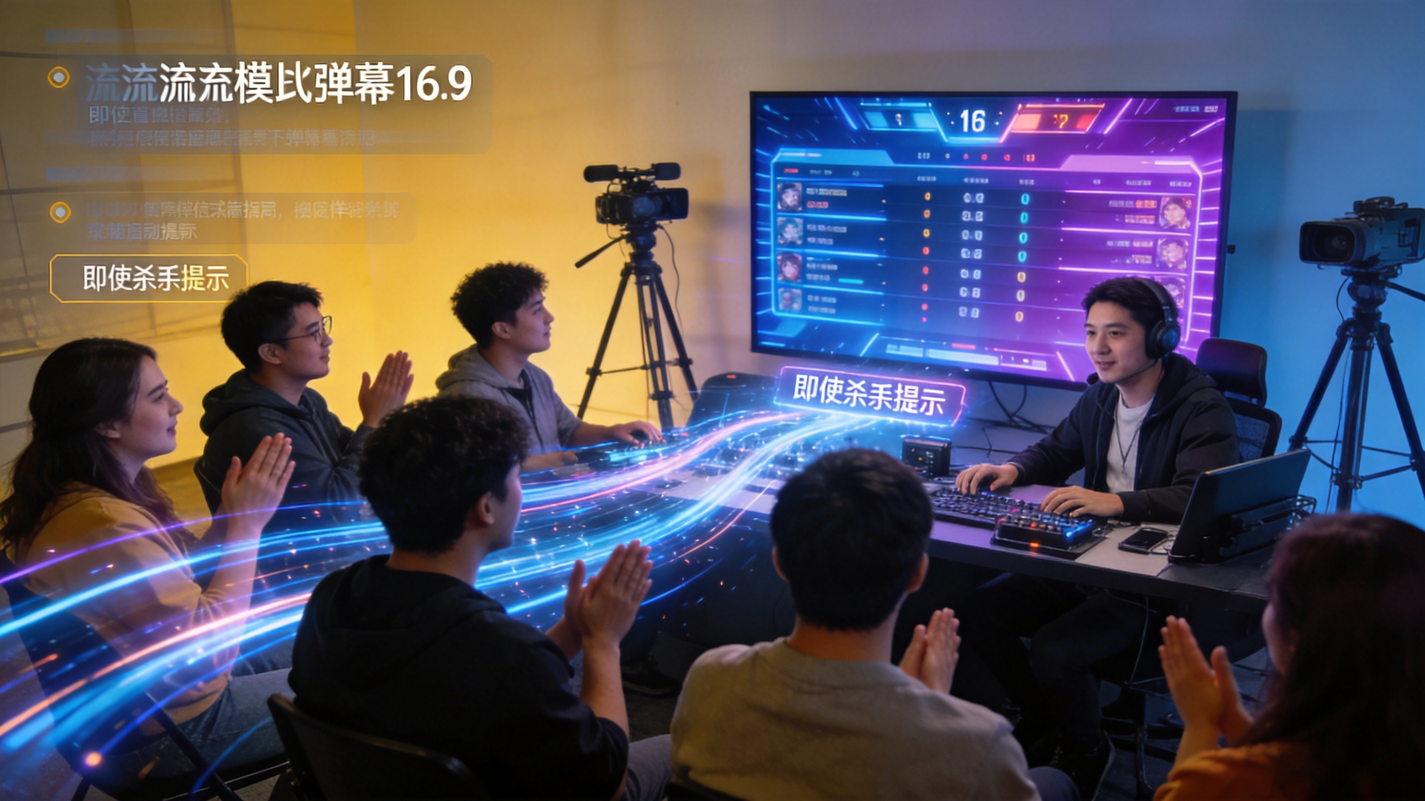 企鹅电竞直播间界面显示KPL对决实时比分、阵容BAN、弹幕墙与即时击杀提示